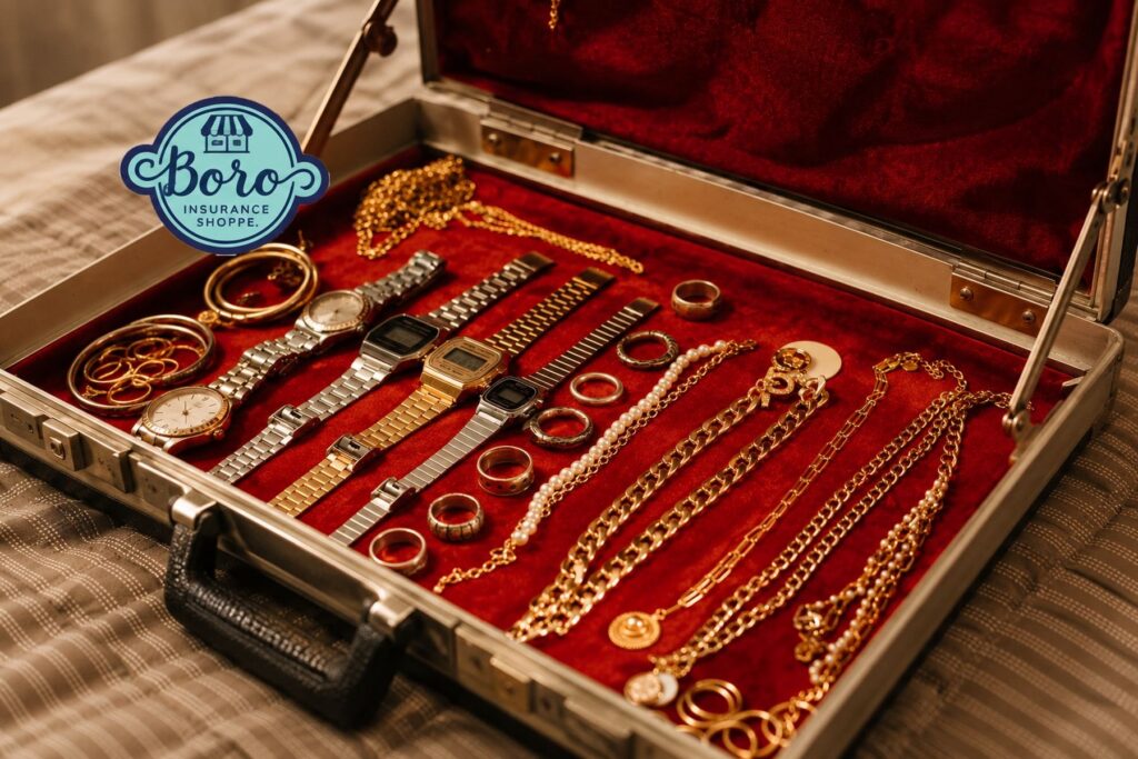Insuring jewelry and collectibles displayed in red velvet case with Boro Insurance logo