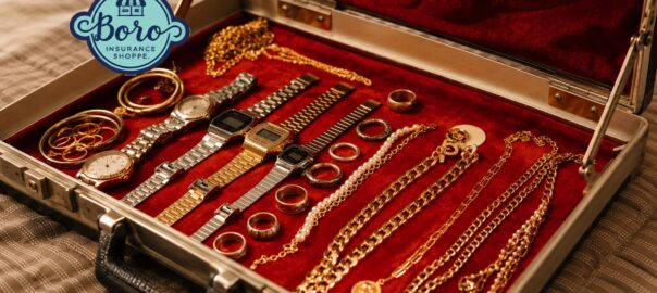 Insuring jewelry and collectibles displayed in red velvet case with Boro Insurance logo