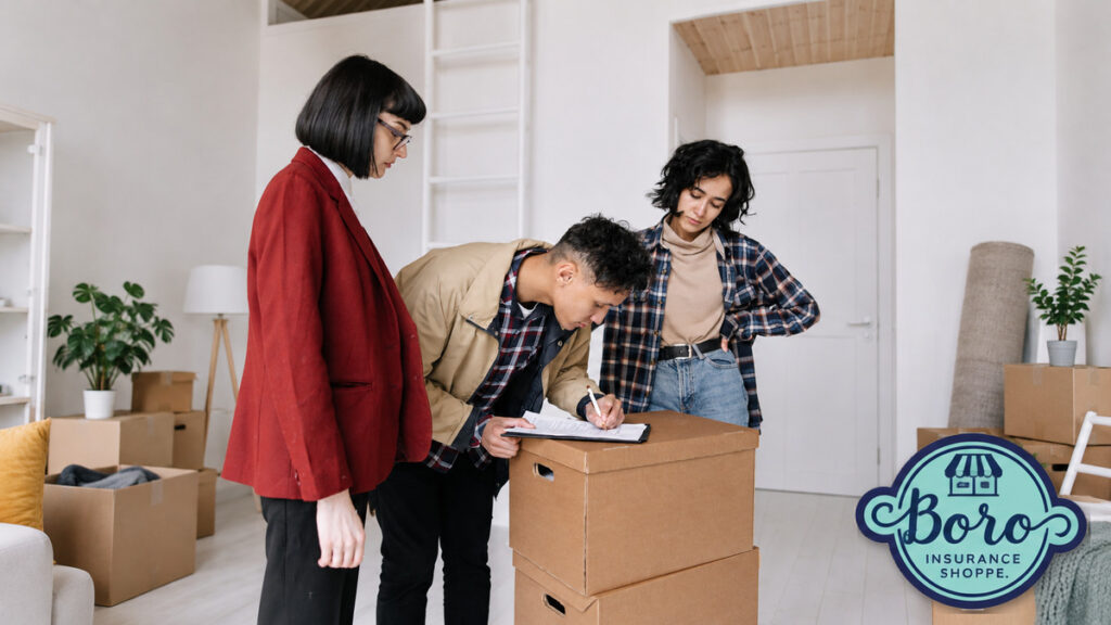 Three young adults reviewing their own insurance policy paperwork beside moving boxes in a new home, with Boro Insurance Shoppe branding